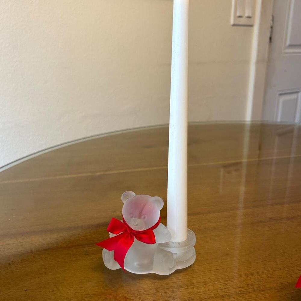 Vintage frosted glass teddy bear taper candle holder w red bow cottagecore
